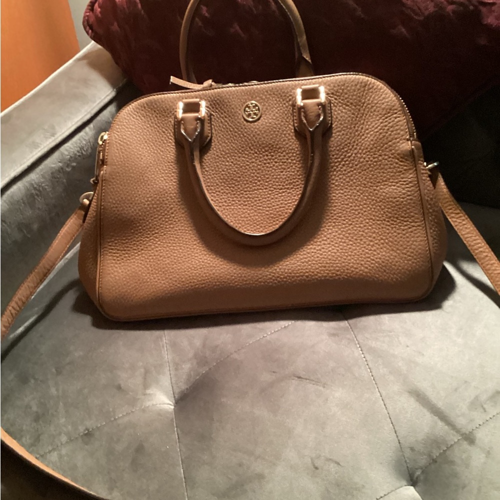 Tory Burke triple zipper satchel camel color
